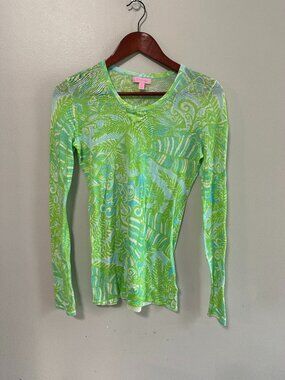 Lilly Pulitzer Long Sleeve Shirt Small Knit Green Floral Stretch Blue Cotton